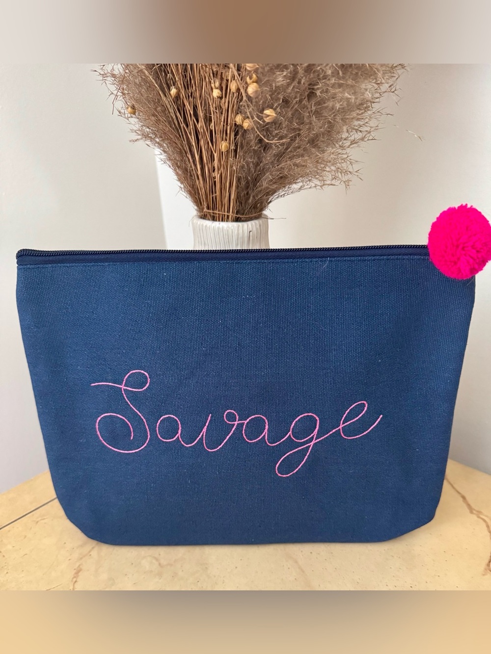 Savage Navy Canvas Oversized Pouch with Pink Embroidery NEW